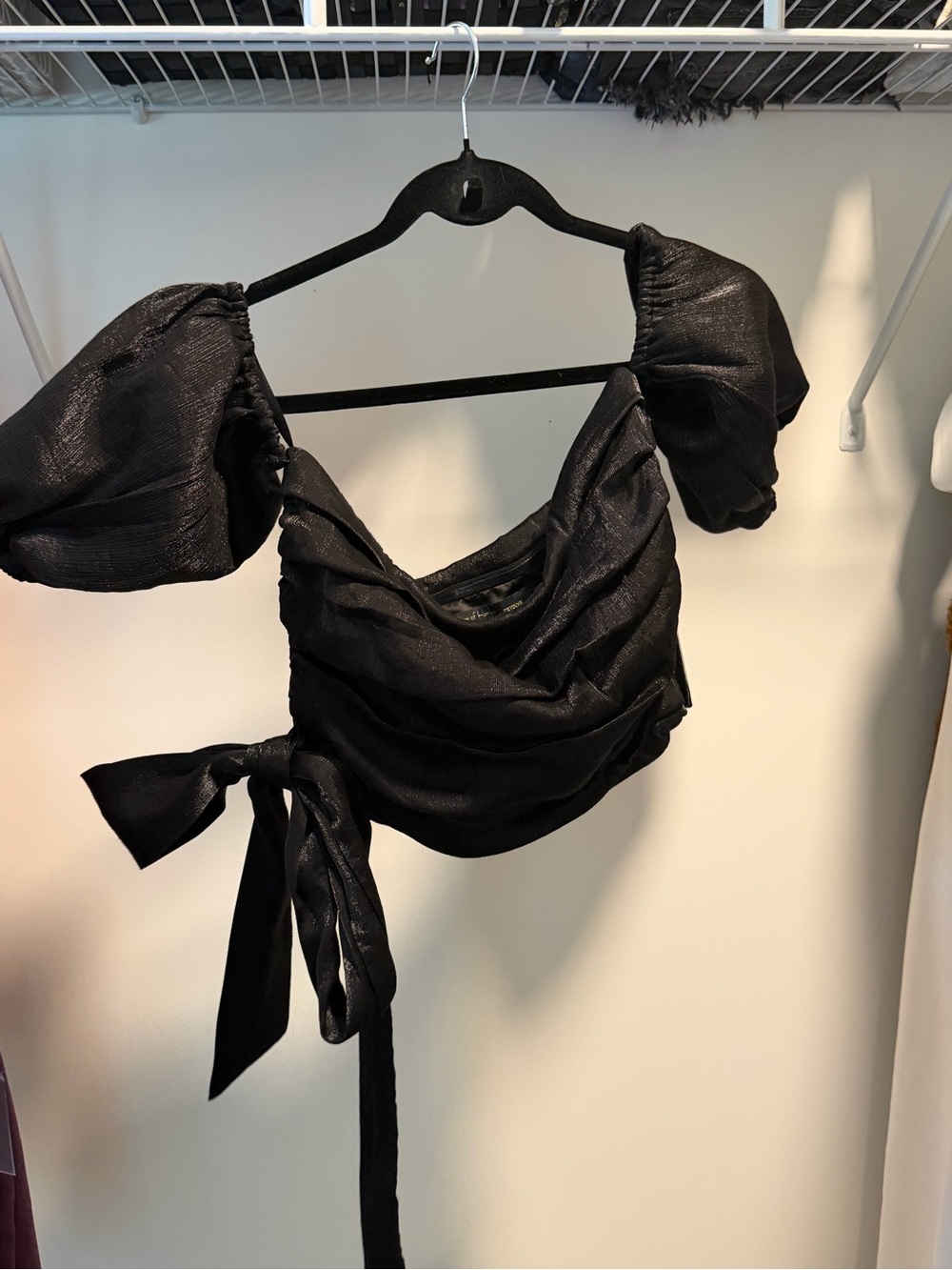 REVOLVE Black Puff-Sleeve Tie-Waist Crop Top
